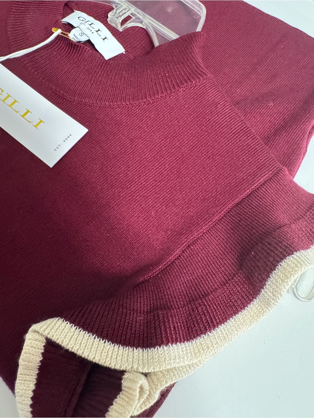 Gilli Burgundy Knit Sleeveless Top with Cream Ruffle Trim - Picture 4 of 4